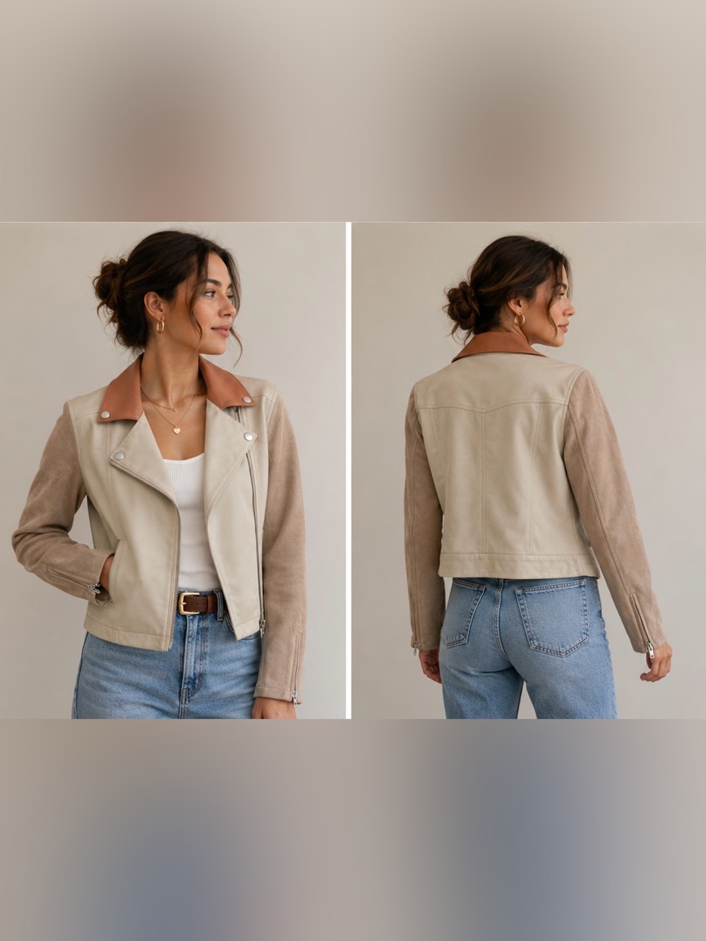 Women's Vegan Leather and Suede Colorblock Jacket in Tan and Cream